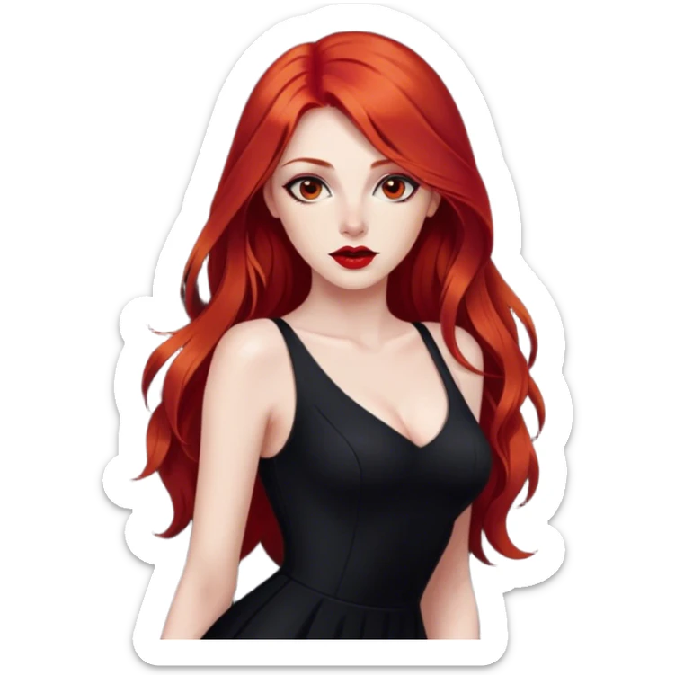 a pretty woman with long red hair and red eyes. The woman wear a black little cutted dress. She have red lipstick and she have a seductive look. She was barefoot sticker
