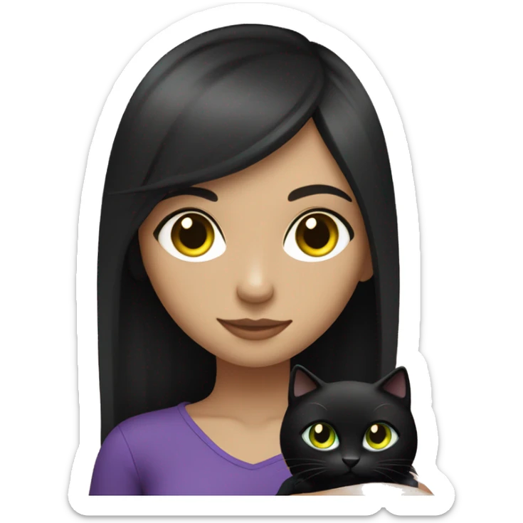 Fair skinned girl green eyes and long black hair, wearing purple and holding a black cat with yellow eyes sticker