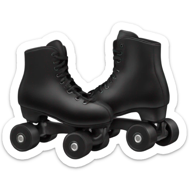 Pair of high top black roller skates with black wheels and black laces and black plate with no stopper sticker