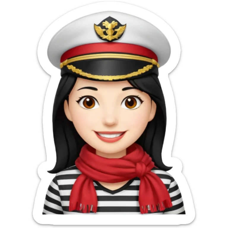 marinera de pelo negro piel blanca con camisa a rayas blanco y negro y pañuelo rojo y gorra de capitana sticker