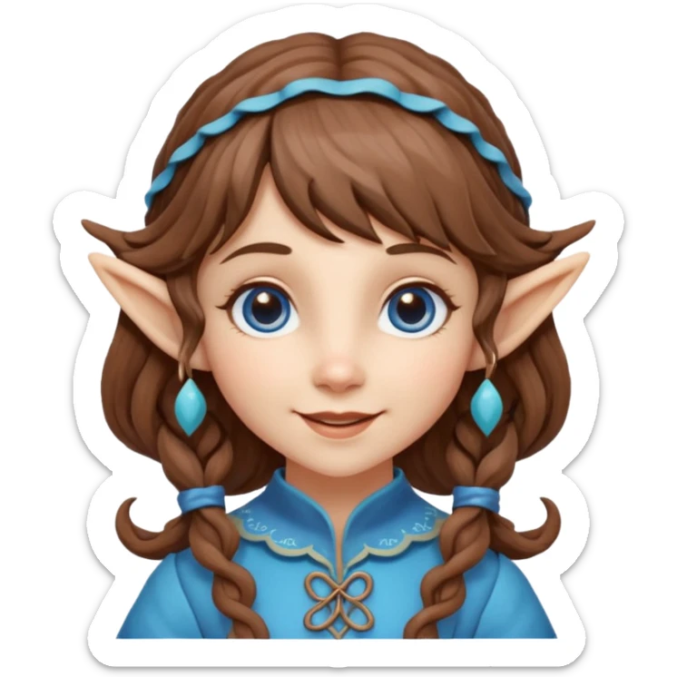 Kind happy whimsical quirky Girl toymaker, wood carving elf. Woodland creator. Blue eyes. brown hair (just below chin length) wavy hair & bangs. Whimsical playful cute sticker