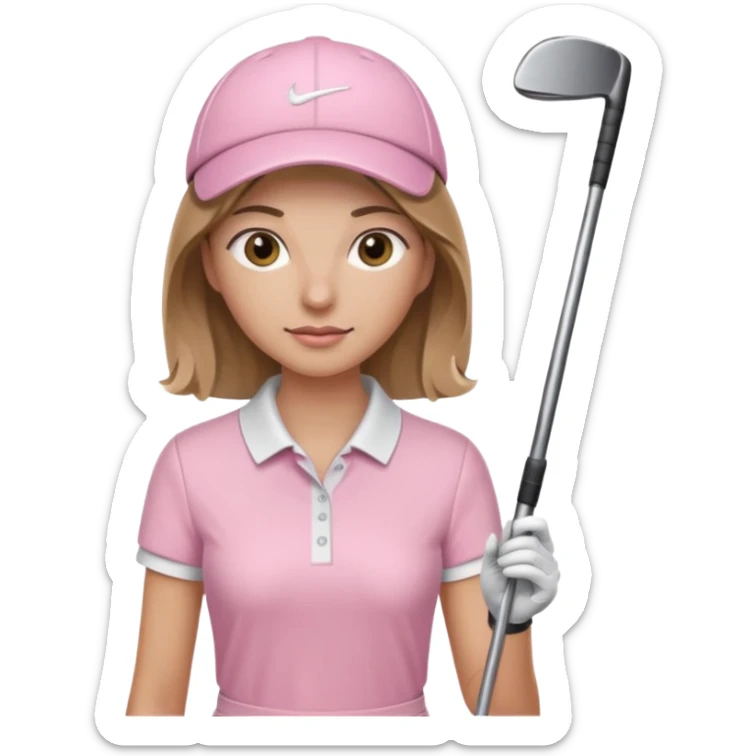 person with medium length bronde hair, light pink outfit, and golf club sticker