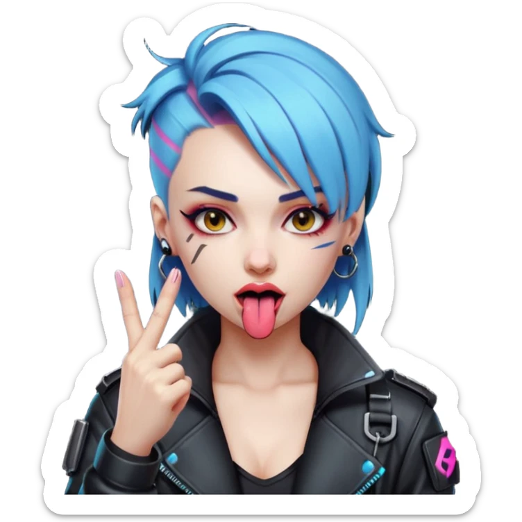 Woman with her tongue out in cyberpunk clothing and giving the middle finger. Looking naughty. sticker