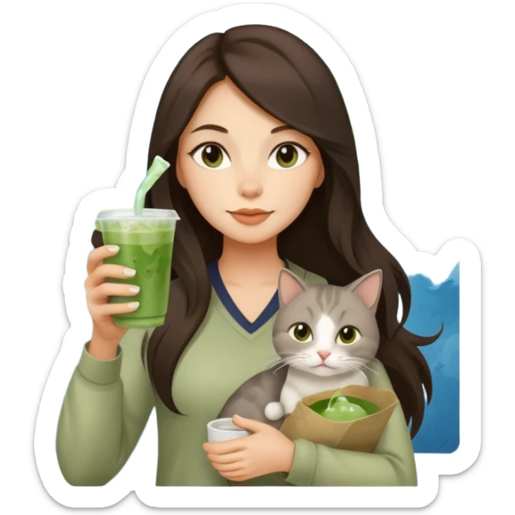 a brunette woman with long hair in here 30S drinking an iced matcha, carrying a grey cat and a map of the world sticker
