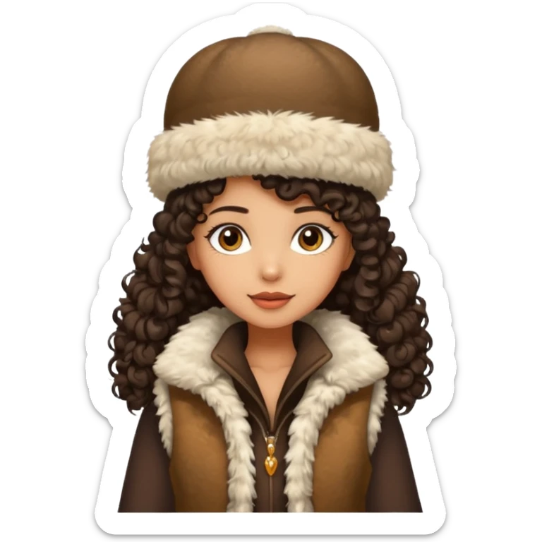 "A girl with curly dark hair 👩🏻‍🦱, wearing a fur hat 👒🦊 and a fur vest 🧥, standing in the snow ❄️ with pine trees 🌲 in the background, holding a Bashkir dombyra 🎶. Emoji style." sticker