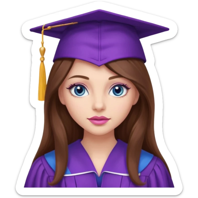 girl with gorgeous long brown hair, blue eyes, long lashes makeup, sexy pink lips, wearing a purple graduation cap and gown sticker
