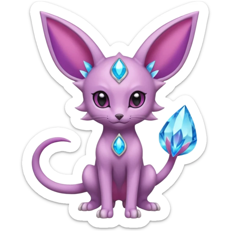 Espeon pokemon, pastel purple body color, dark pink jewel middle of forehead only, end of tail split in two, ear like flaps coming out 
of each cheek, inside of big pointy ears is blue
 (full body) sticker