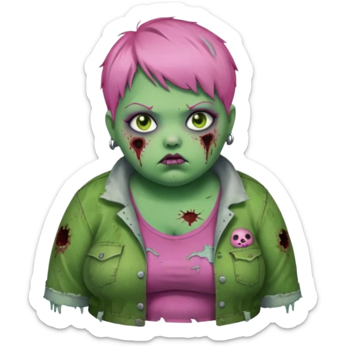 fat zoombie girl pink short hair, green skin sticker