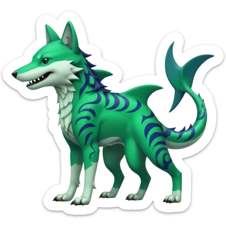 Edgy cool badass Neon-green landhai-sergal-wolf-canine, with a shark tail, with black and dark-green swirly patterns markings sticker