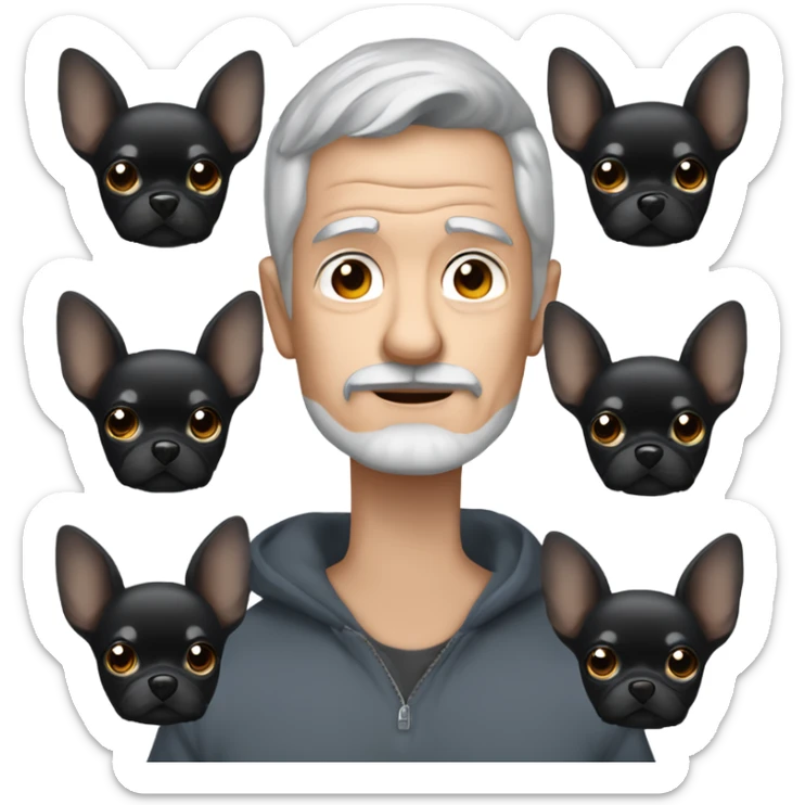 Older man blue eyes gray hair gray goatee ball cap holding black longhair chihuahua  sticker
