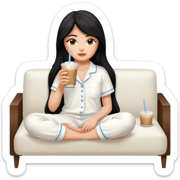Kylie Jenner with her sexy face and long hair, make it 1 tone lighter,sitting learning on macbook watching the screen the laptop, she wears a white Skims pajama and she's drinking 1 tasty iced latte with a straw and sitting on a white sofa sticker
