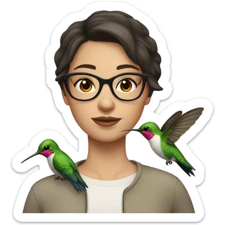 Girl pale , brunette, with short hair, wearing glasses with a hummingbird next to her sticker
