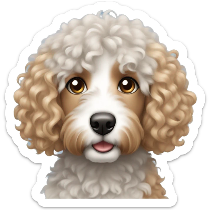 Curly haired white strawberry blonde female with blue eyes and a grey bernedoodle with a blue and brown eye sticker