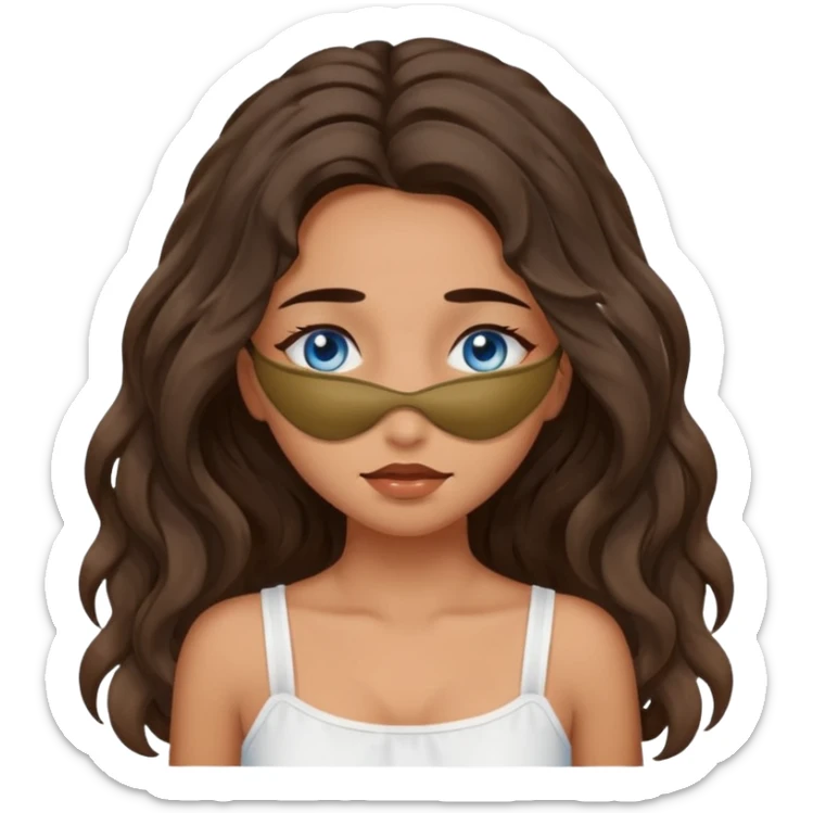 Girl with olive skin, blue eyes, brown dark insanely wavy long hair, white camisole, covering eyes sticker