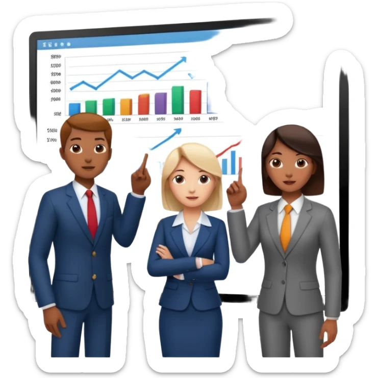 group of people pointing at a digital presentation screnn full of charts and graphs sticker