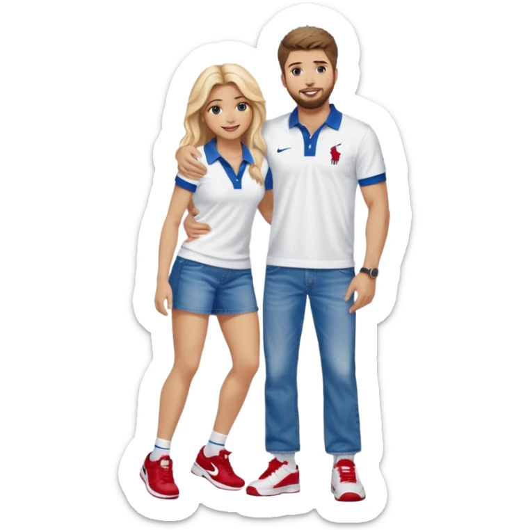 Shakira with blue eyes and  Gerard pique with blue eyes holding her in his armsThey both laugh at each other its romantic&he wears a nice polo from Ralph Laurent in white& a nice baggy jeans with 97 Nike sneaker. She is wearing a romantic feminine short red dress with white open sexy heels  sticker