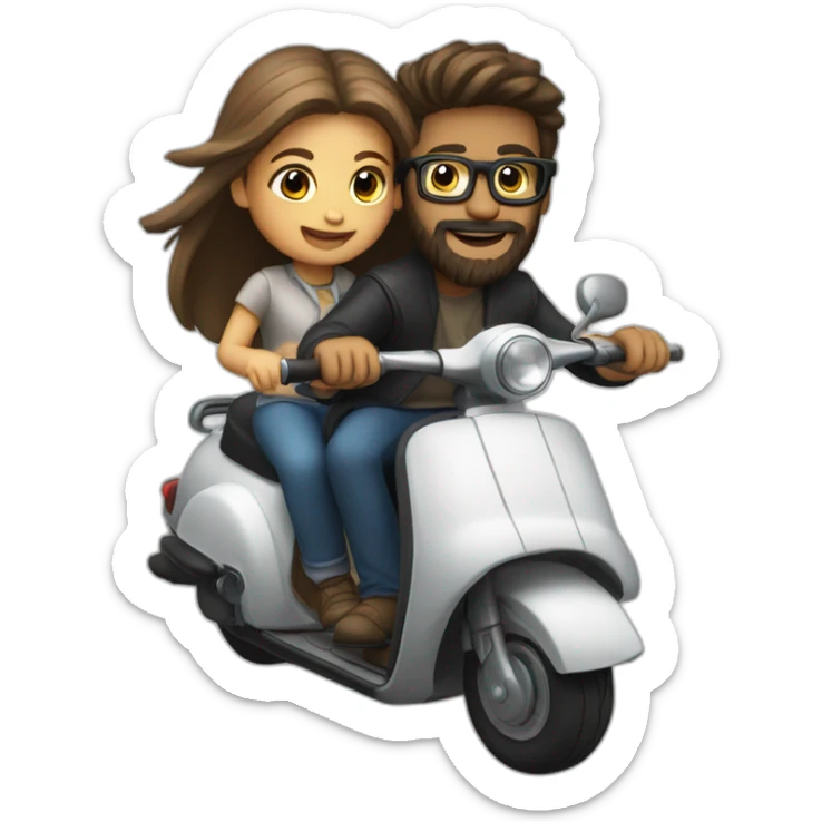 Boy with long hair, beard, and glasses, riding a black scooter with a girl on the back sticker