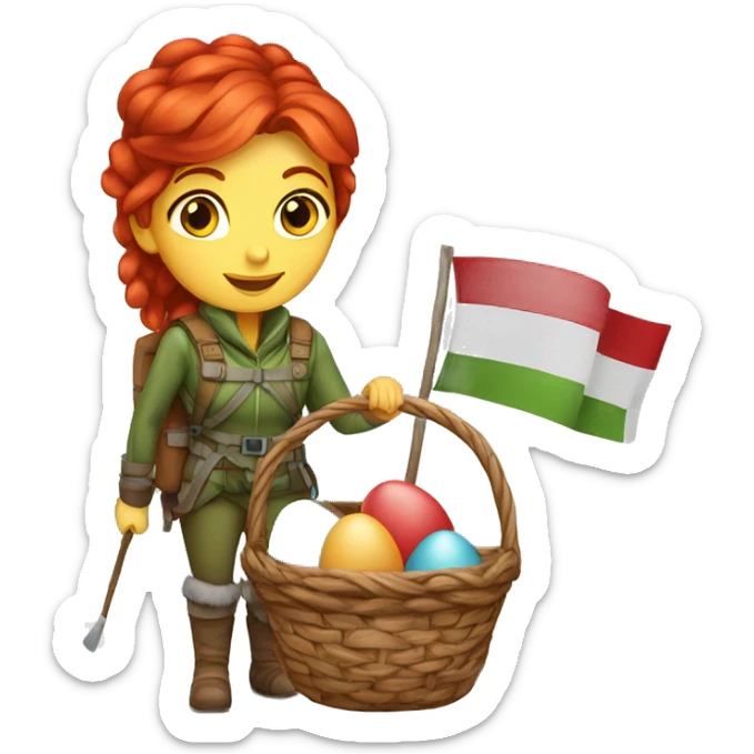 female winter mountaineer red hair with red easter egg basket and greek flag sticker