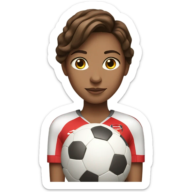 Pretty woman with medium brown hair holding a soccer ball and wearing an Arsenal jersey sticker