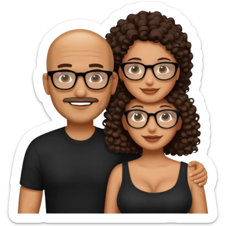 A picture of a happy tanned couple. the man is a Mexican man with tanned skin, a bald hair cut, short beard and wearing a black shirt. the woman is mixed, wearing black rectangle glasses, with long curly dark brown hair and with big boobs  sticker