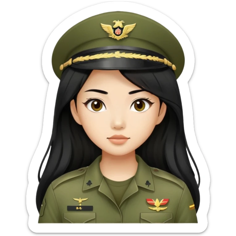 Beautiful Asian girl with long black hair wearing military green cammies sticker