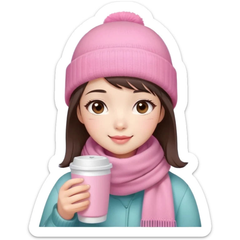 Cute East Asian girl, soft fair skin, big brown eyes, long lashes, natural pink lips, inward brown bob with straight bangs. Wearing pink beanie and scarf, rosy cheeks, shy smile, holding warm drink, snow,  sticker