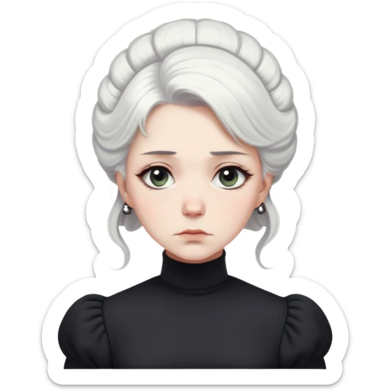A Victorian woman with simple coiffed white hair and light eyes wearing a simple monochrome black turtleneck mourning dress with puffed sleeves looking down with a forlorn, miserable expression sticker