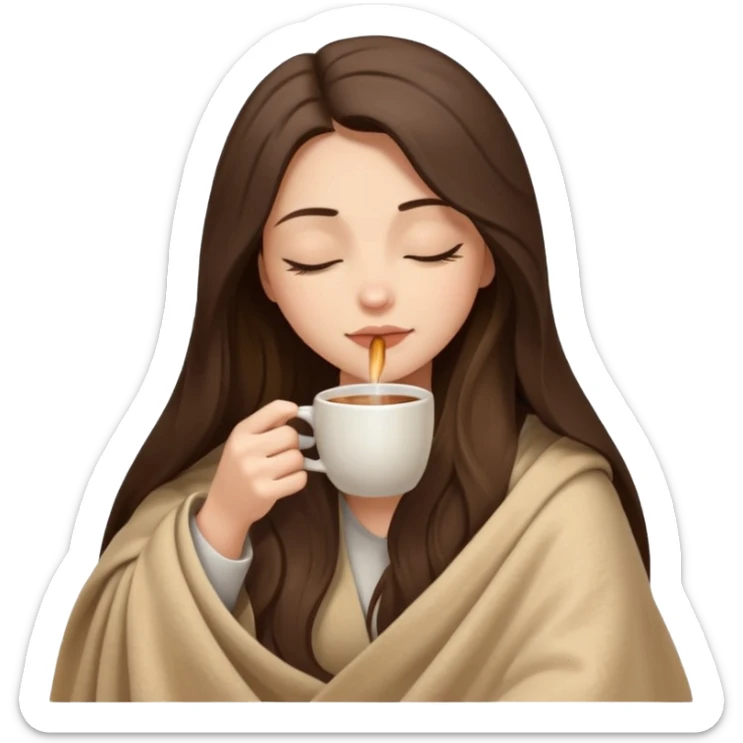 Brunette girl long hair inside a beige blanket sipping coffee eyes closed sticker