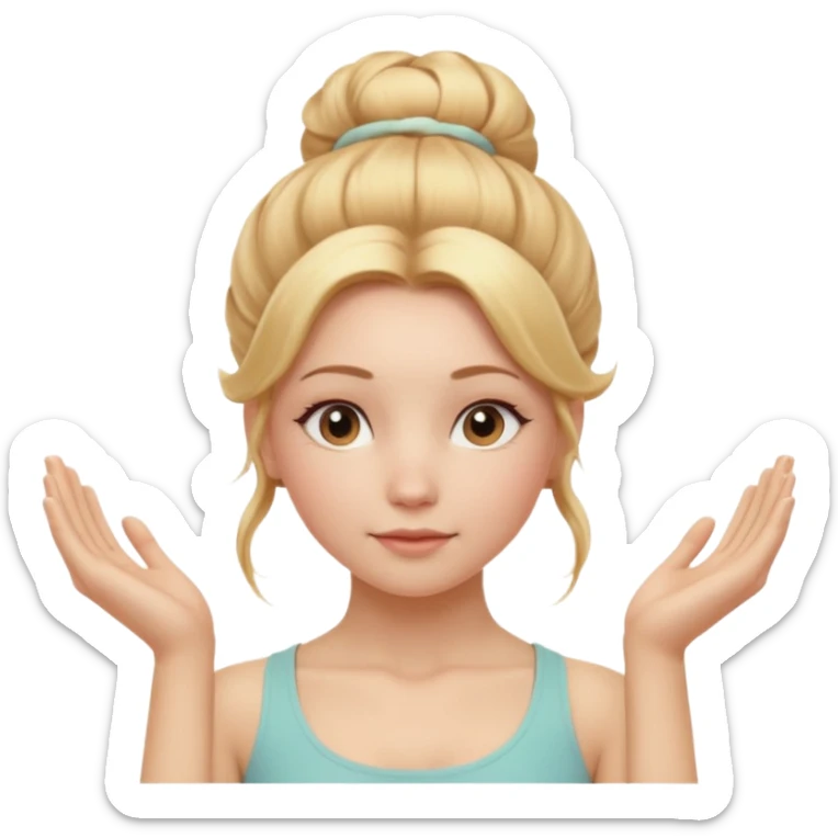 Cinematic Realistic Yoga Girl Portrait, depicted with lifelike skin texture, subtle rosy undertones, and soft natural lighting that enhances the gentle contours of her face. Her intricately detailed golden blonde hair is elegantly styled in an updo, sticker