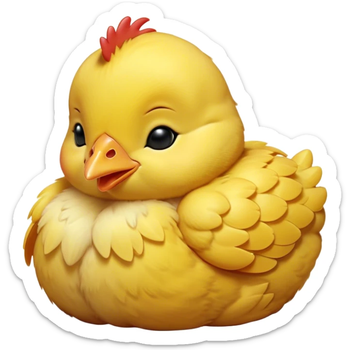 Meme-Worthy Cute Sleeping Yellow Baby Chicken Portrait Emoji, Head resting peacefully with a contented smile, showcasing a delightfully tiny build and a luxuriously soft bright yellow downy coat, eyes shut in a serene, restful nap, Simplified yet hilariously adorable features, highly detailed, glowing with a soft, drowsy light, high shine, relaxed and utterly lovable, stylized with an air of playful laziness, bright and heartwarming, soft glowing outline, capturing the essence of a comically sleepy chick, so meme-worthy it feels like it could instantly become the next viral sensation of adorable slumber! sticker