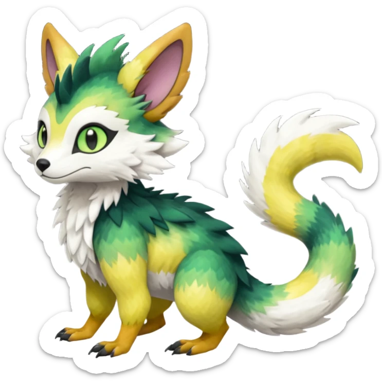 Green-yellow-brown-black-white-gradients Trico-Sergal-Furret-Vernid-fusion-Fakemon-animal-hybrid-creature, full body sticker
