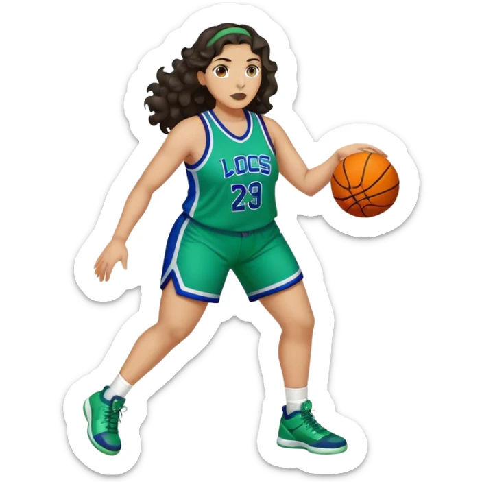 full body plus size light skin latino women basketball player with wavy dark hair large widenose wearing blue and green uniform sticker