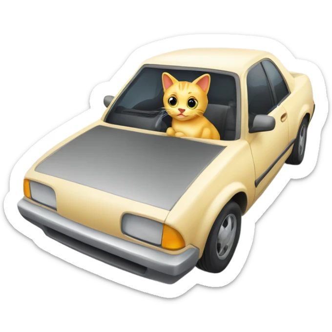 A cartoon emoji-style car with a curious cat peeking out from the open hood of the engine compartment. sticker
