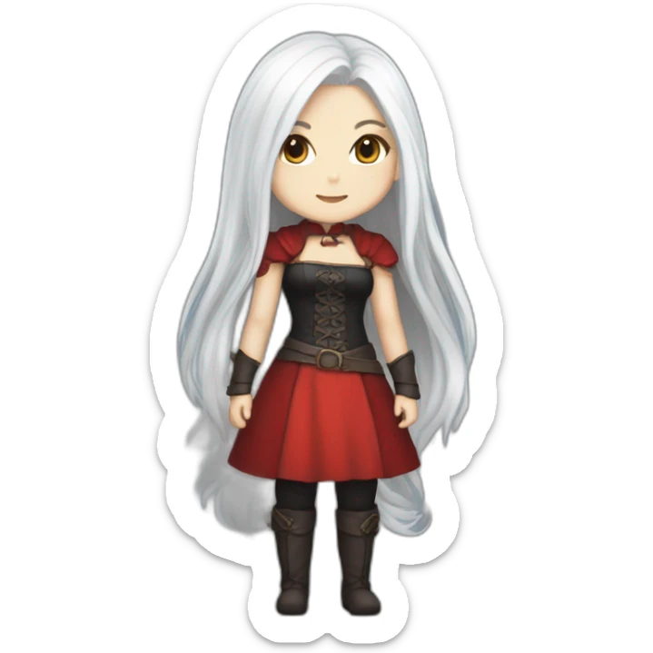 rpg-girl-with-long-straight white-hair-and-red-dress and black tights like chibi sticker