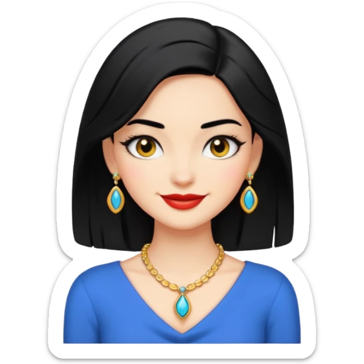 A confident, stylish female cartoon character with black hair, sly smile, flirtatious eyes, elegant pose, jewelry hints, minimalist, high-contrast colors, designed as a small, bold emoji icon. sticker