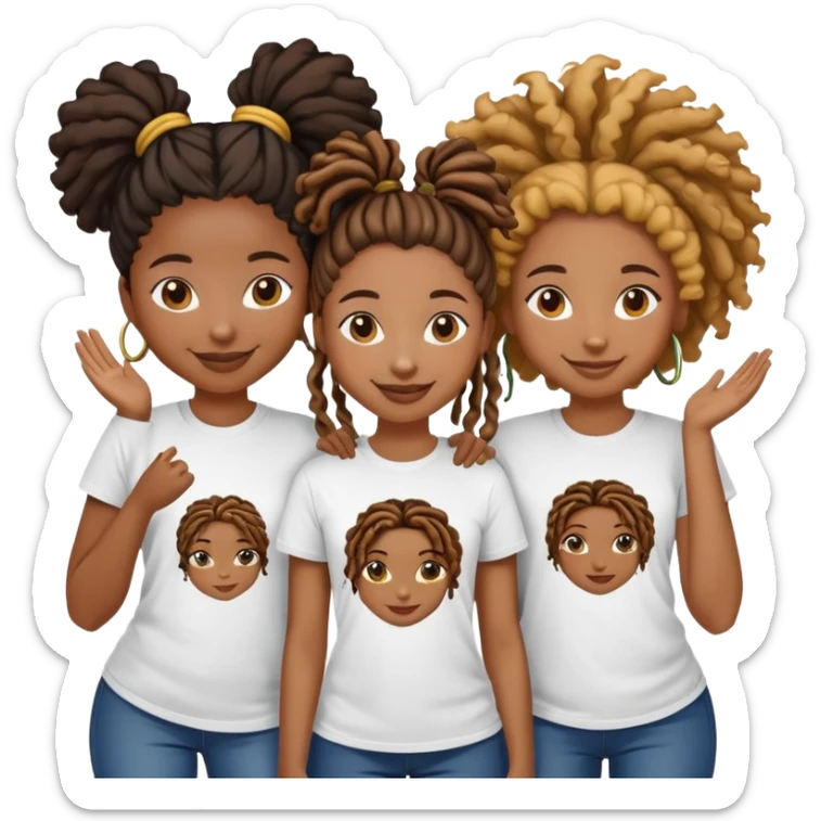 Can you make an emoji of 3 black girls 2 with locs 1 with a curly ponytail smiling wearing tshirts that says AIC sticker