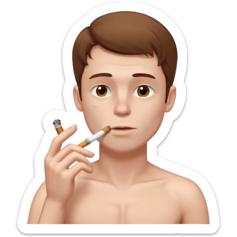 Shirtless white man with pale skin and brown hair smoking a cigarette sticker