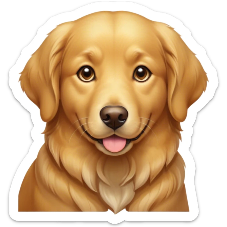 Cinematic Cute Golden Retriever Portrait Emoji, Head tilted playfully and inquisitively, showcasing a rich, glossy golden coat with a healthy sheen, round, sparkling brown eyes filled with curiosity, Simplified yet irresistibly adorable features, highly detailed, glowing with a warm, friendly glow, high shine, affectionate and lively, stylized with a touch of whimsy, bright and endearing, soft glowing outline, capturing the essence of a mischievous yet loving companion, so playful it feels like it could leap out of the screen and into your arms! sticker
