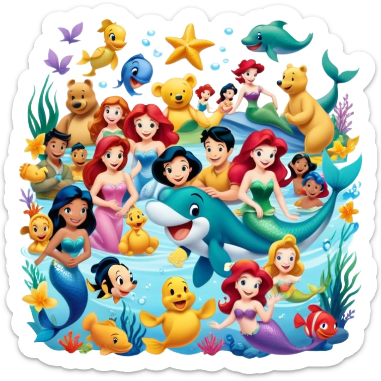 Icon for Animated Characters: A colorful, large-scale collage of beloved cartoon characters, including Franco, Mickey Mouse, Winnie-the-Pooh, Ariel the Little Mermaid, Jasmine and others. Bright and vibrant, full of whimsical charm. Transparent background. sticker