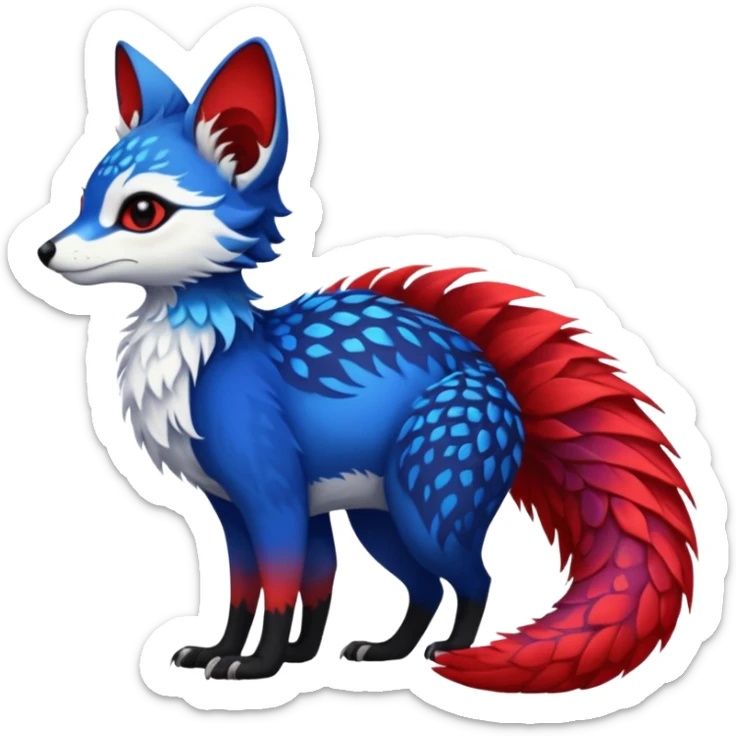 Feral Rare Fantasy vibrant tropical exotic cobalt-blue-crimson-red-black-white-yellow-gradients, Vernid-Trico-species-creature by LiLaiRa, random markings, tufted tail, tufted ears, full body sticker