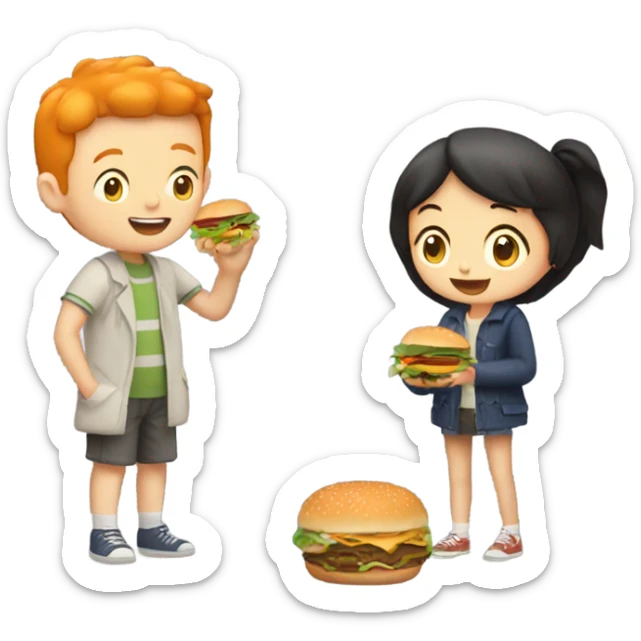 Tall ginger boy and a short asian girl eating burgers together  sticker