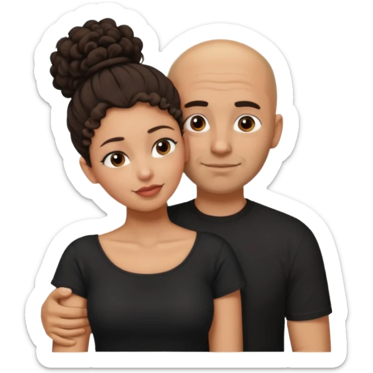 A picture of a tanned couple embracing. the man is a Mexican man with tanned skin, a bald hair cut, short beard and wearing a black shirt. the woman is mixed, with curly dark brown hair in a big messy bun and with big boobs  sticker