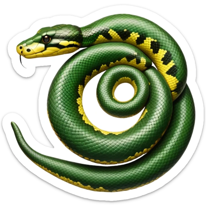 A photo-realistic top-down view of a Green Anaconda tightly coiled in a spiral, with its broad, flat head resting at the center. Its thick, muscular body is olive-green and covered in symmetrical, bold black oval spots that stand out against its smooth scales, creating striking natural camouflage. sticker