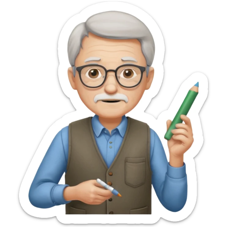 Man teacher: old, wearing vest, wearing glasses, hold chalk on their hand sticker