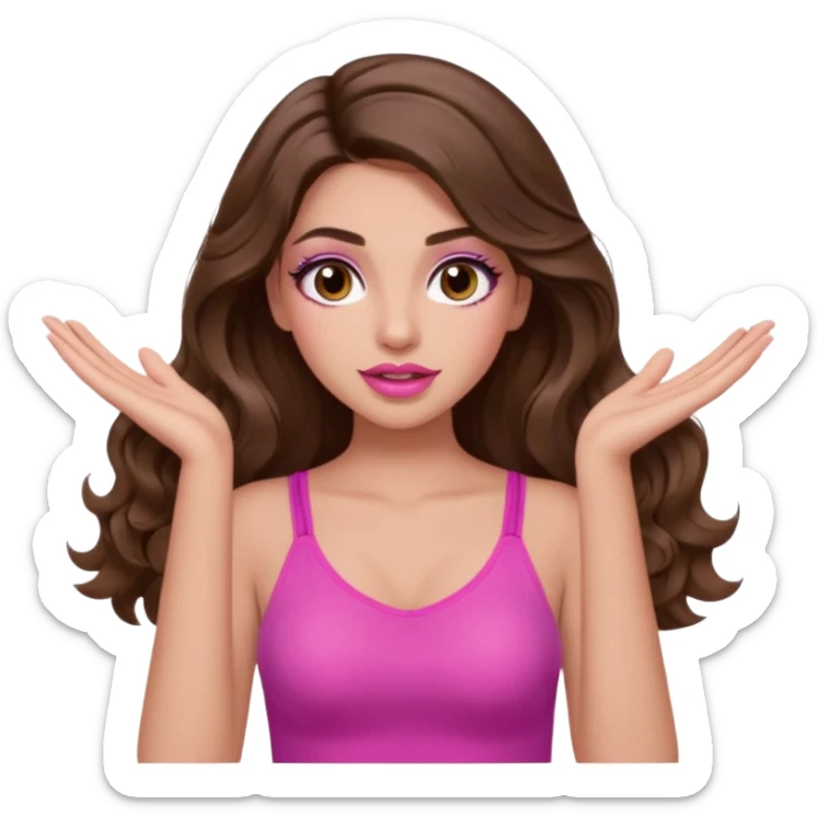 girl with long wavy brown hair, brown eyes, long lashes makeup, sexy pink lips, light to medium complexion, pink sexy top, two hand up shrugging sticker