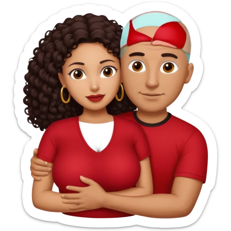 A picture of a sexy tanned couple embracing. the guy is Mexican, with a bald hair cut and he is wearing a red shirt. the girl is mixed, the girl is wearing a black shirt, the girl has curly longer dark brown hair and with big boobs  sticker