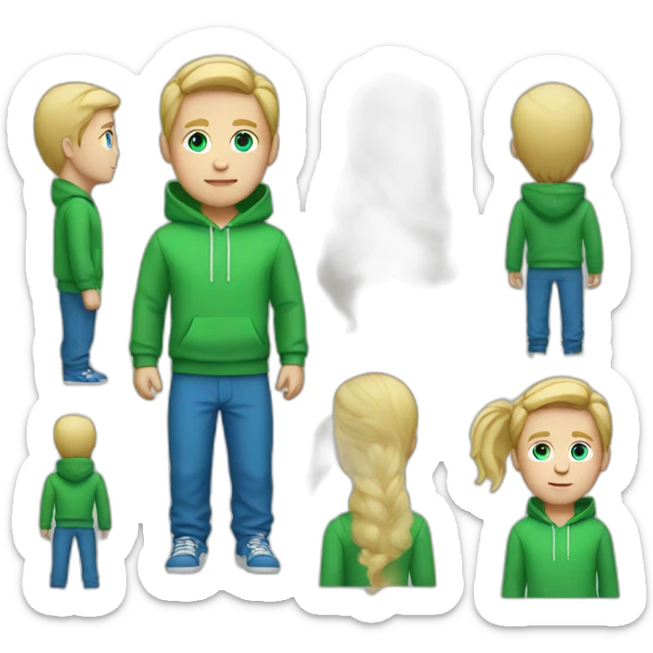 white guy with blue pants and a green hoodie with blonde hair and blue eyes sticker
