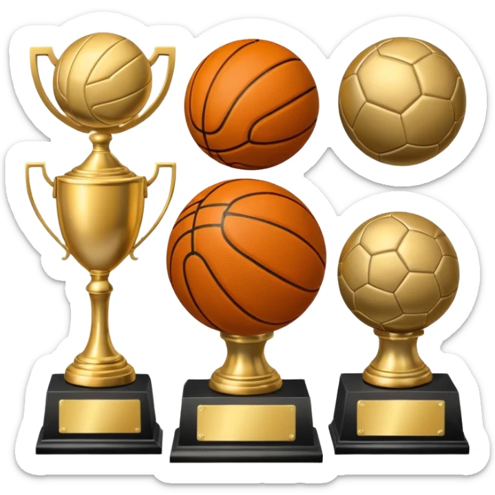a basketball, soccer ball, volleyball, and a football all mixed with a trophy sticker