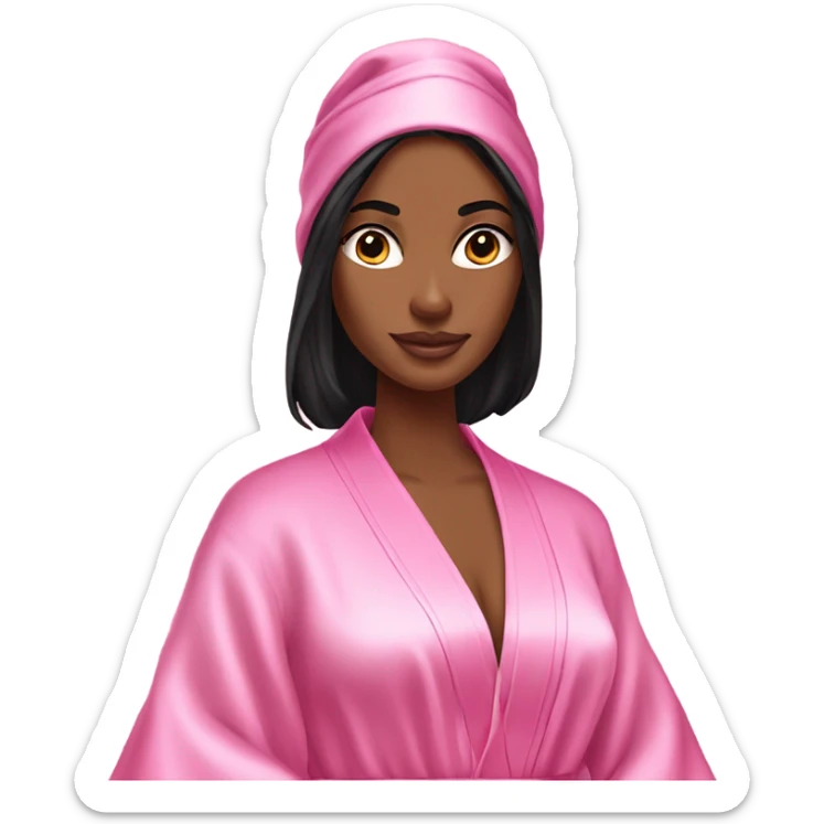 Tanned woman with long black hair wearing a silk pink Victoria’s Secret robe sticker