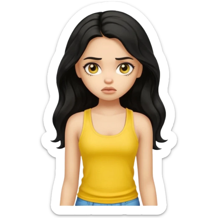 a pretty bratz girl with long wavy black hair, wearing a yellow tank top. looking sad sticker